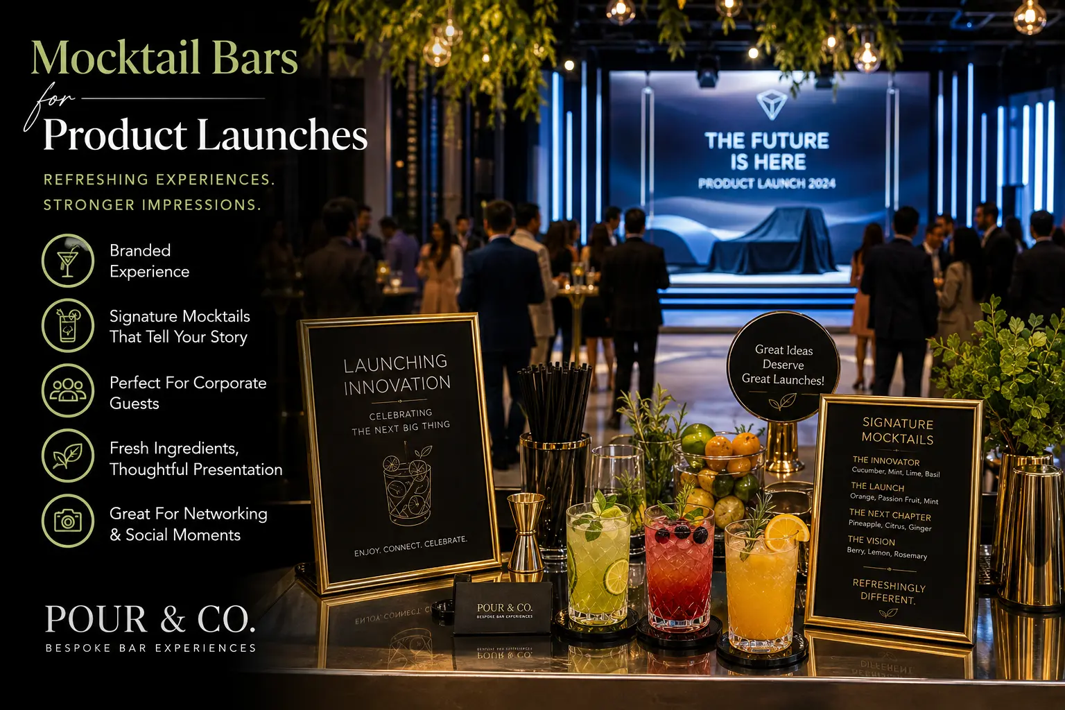A premium mocktail bar designed for a corporate product launch, featuring colourful signature mocktails, fresh fruits, herbs, branded menu displays and an elegant event setup. The scene represents customised beverage experiences for product launches, corporate events and brand activations in Delhi NCR, including Delhi, Gurugram, Noida and Greater Noida.
