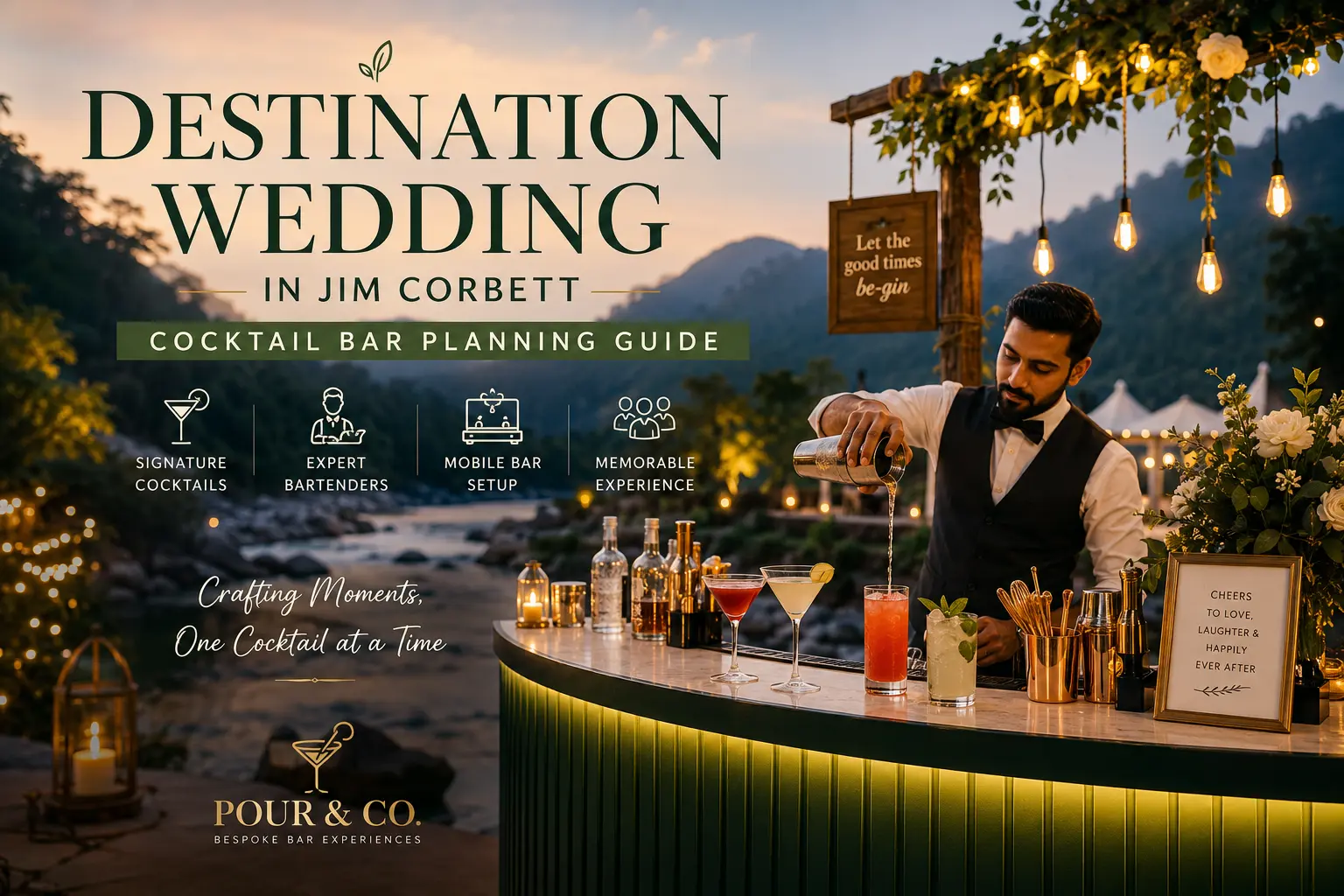 Professional cocktail bar setup at a destination wedding in Jim Corbett featuring expert bartenders, handcrafted cocktails, premium beverages, elegant d&eacute;cor, and luxury mobile bar services by Pour & Co.